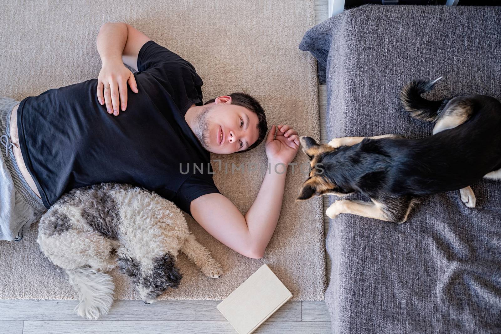 Stay home. Pet care. Young man lying on the floor at home with his dogs top view
