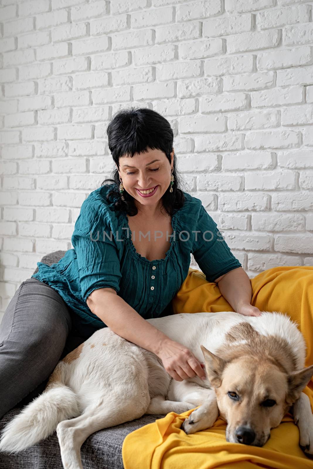 Middle aged woman patting her shepherd dog on the sofa at home by Desperada