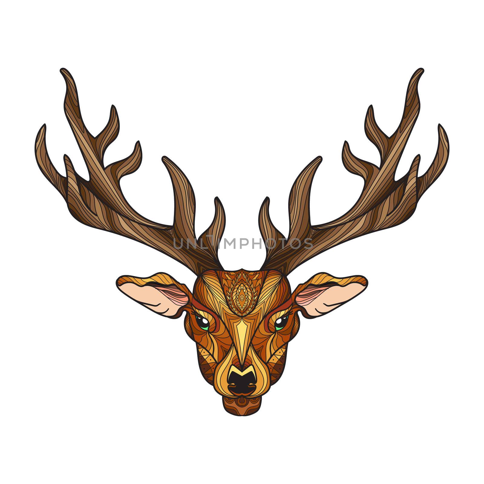 Deer bright colorful head with horns for t-shirt, tattoo, print, fabric, poster and illustrations. Vector
