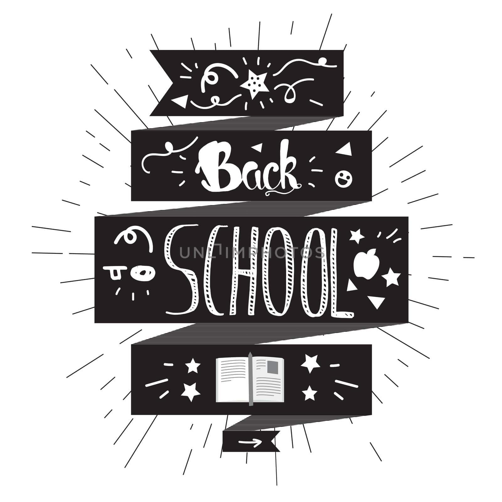 Vintage Back To School Lettering Banner. Knowledge day greeting card with book and pencil for print, t-shirt, badge, cloth, poster. Vector