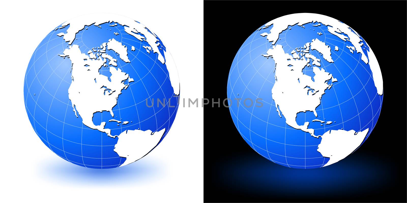 Illustration of earth globe on white and black backgrounds with glow shadow.