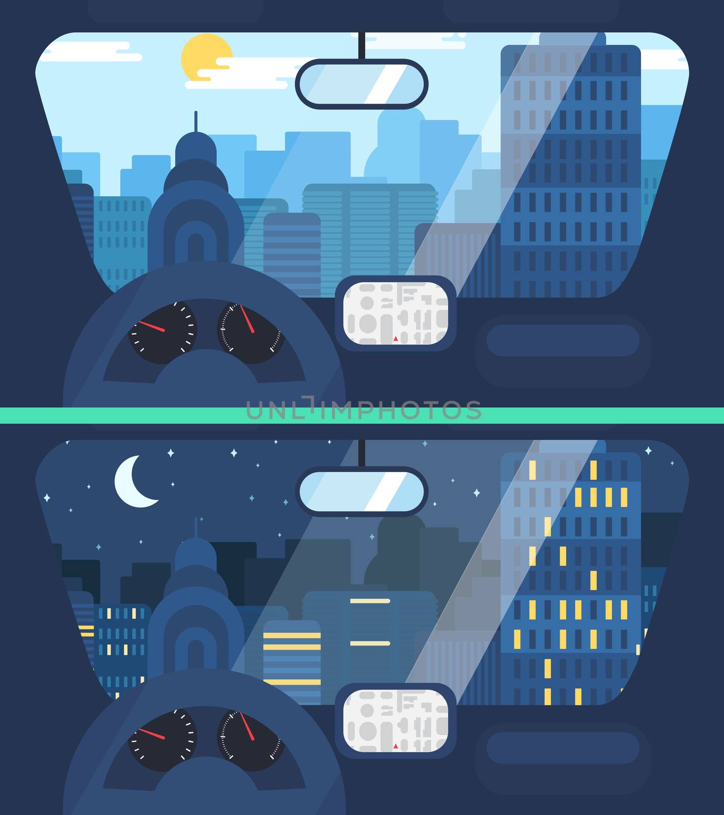 Night and Day City Life Concept. Town street from inside car interior with wheel, speedometer, gps navigator. Urban Landscape Banner with buildings, trees, shop, stores, sky and sun. Vector