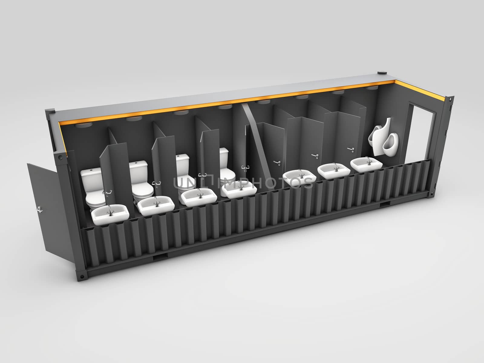 3d Illustration of Converted old shipping container into wc cabine, isolated white by tussik