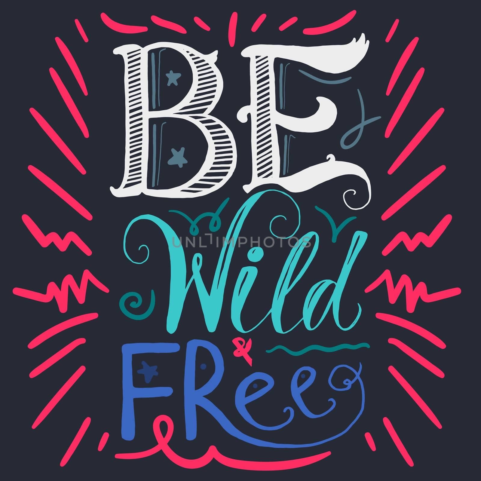 Motivation and Dream Lettering Concept. Be Wild and Free. Vintage Calligraphic Text. Inspirational retro quote for fabric, print, invitation, decor, greeting card, poster, design element. Vector