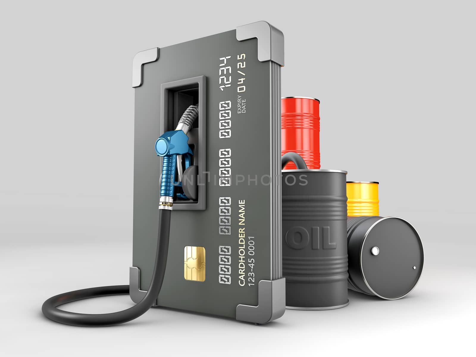 3d Rendering of Realistic credit with fuel hose petrol station concept, clipping path included.