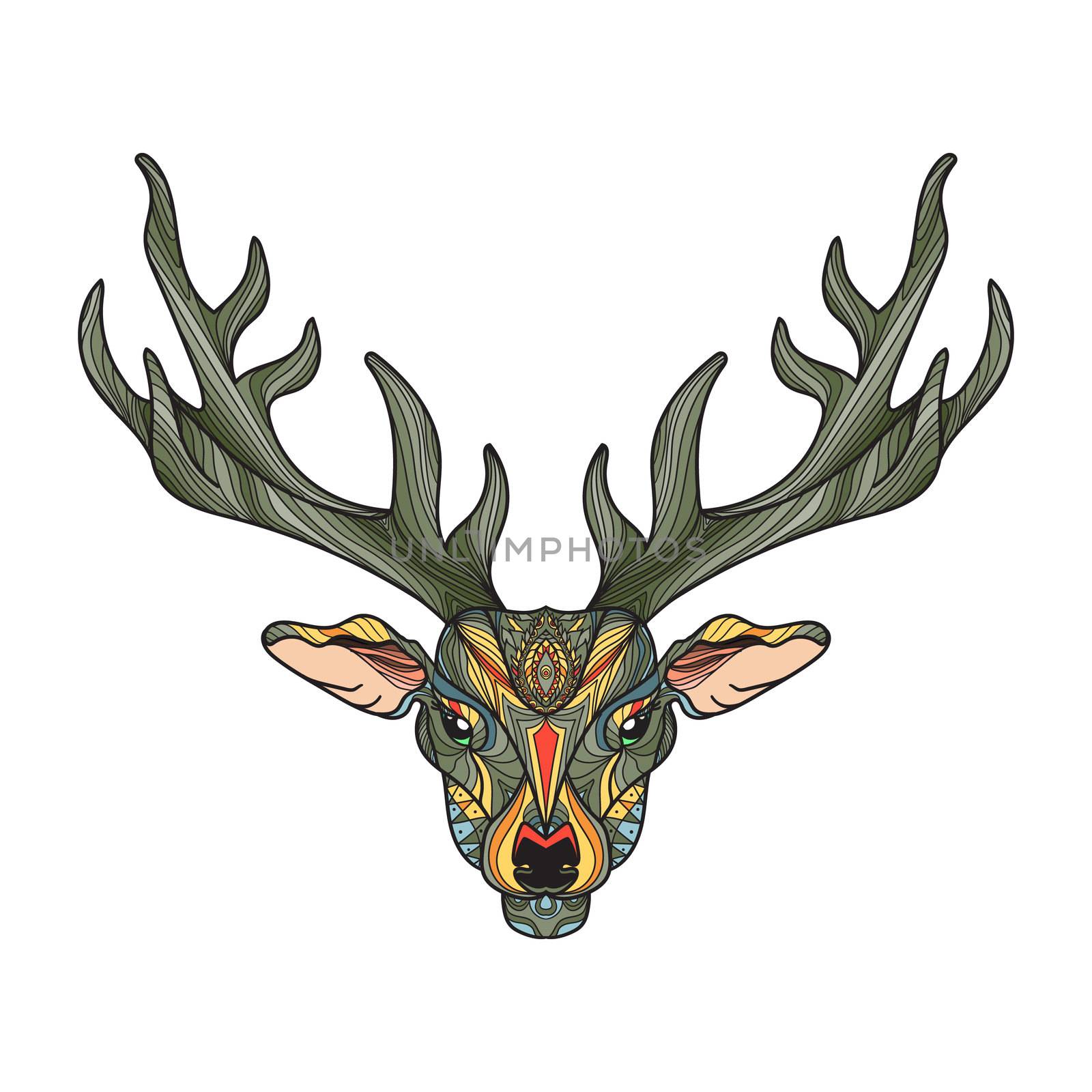 Deer bright colorful head with horns for t-shirt, tattoo, print, fabric, poster and illustrations. Vector