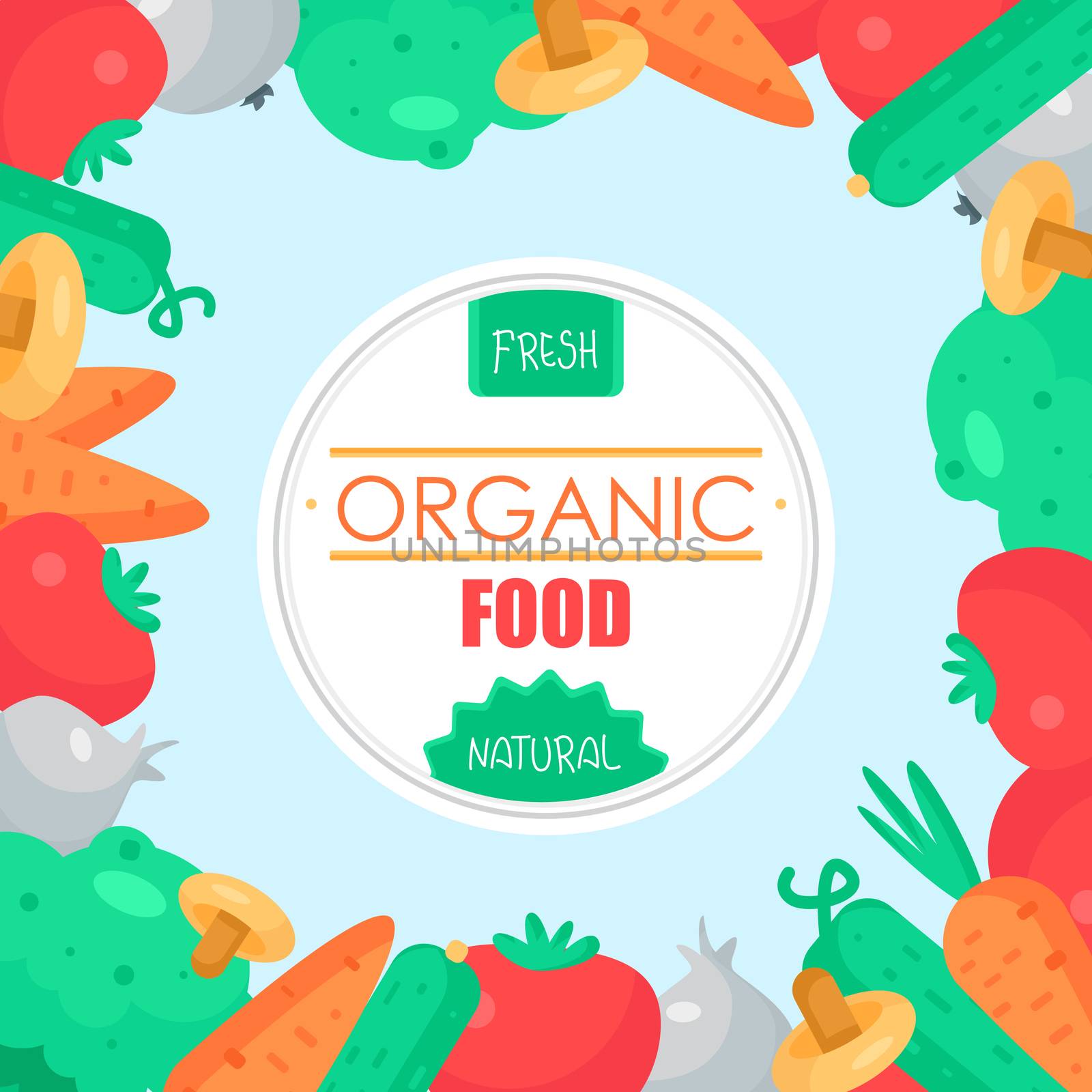 Fresh Vegetable Banner from tomato, cucumber and cabbage, carrot, mushroom and garlic. Tasty natural food badge. Vegan sticker. Eco design element. Vector