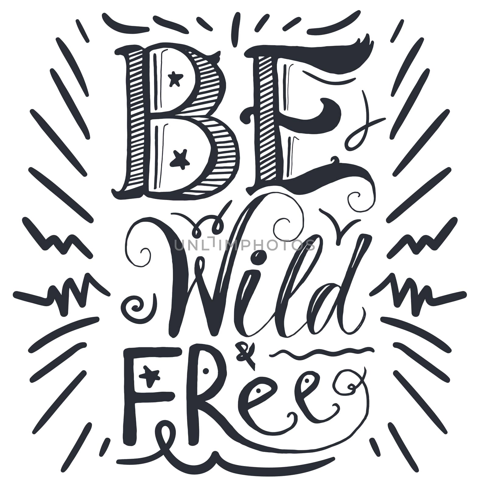 Motivation and Dream Lettering Concept. Be Wild and Free. Vintage Calligraphic Text. Inspirational retro quote for fabric, print, invitation, decor, greeting card, poster, design element. Vector