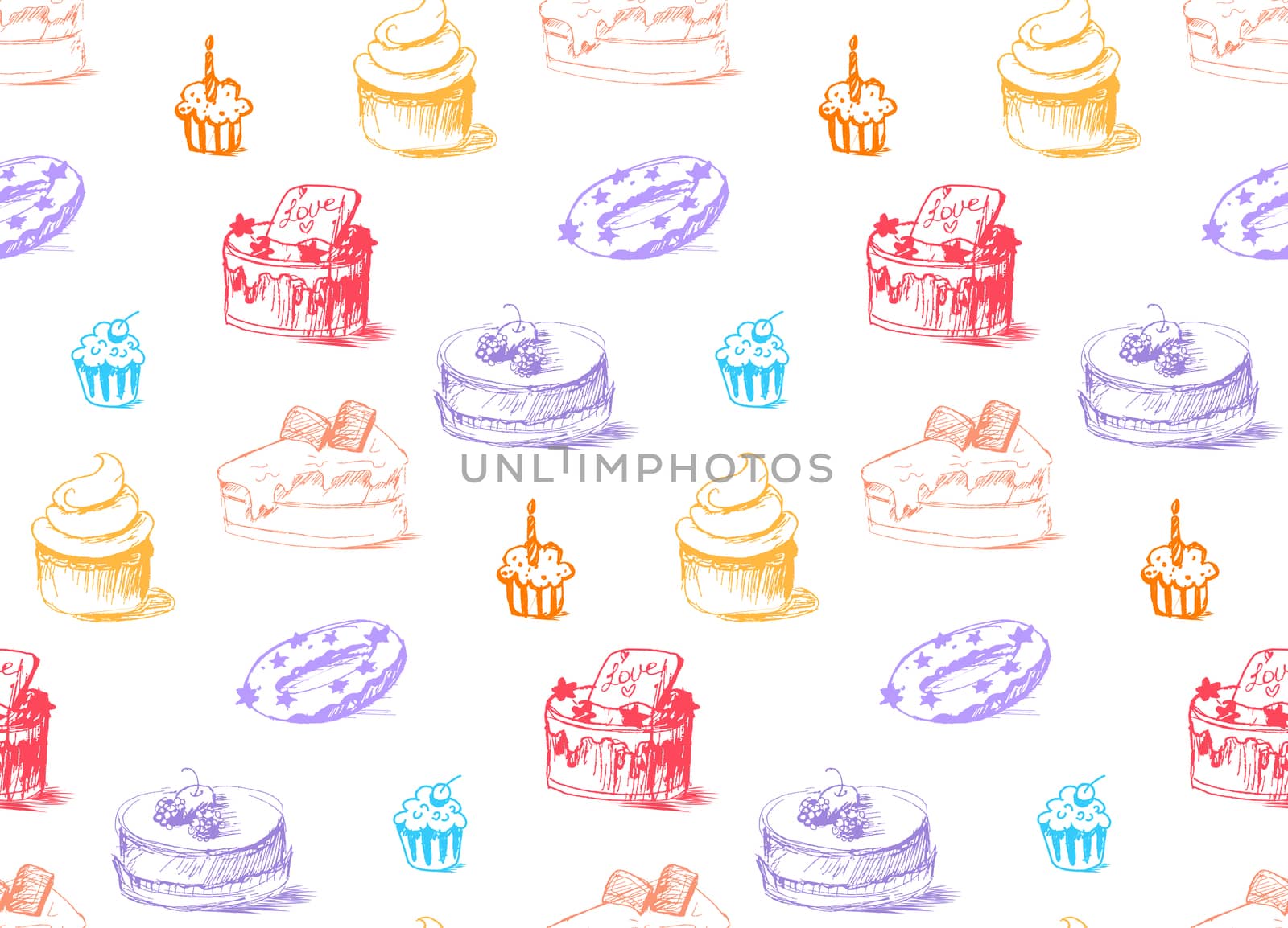 Tasty Cakes Seamless Pattern. Cream Food Background. Bakery sticker and wrap, print and fabric. Candy, sweet wallpaper. Vector