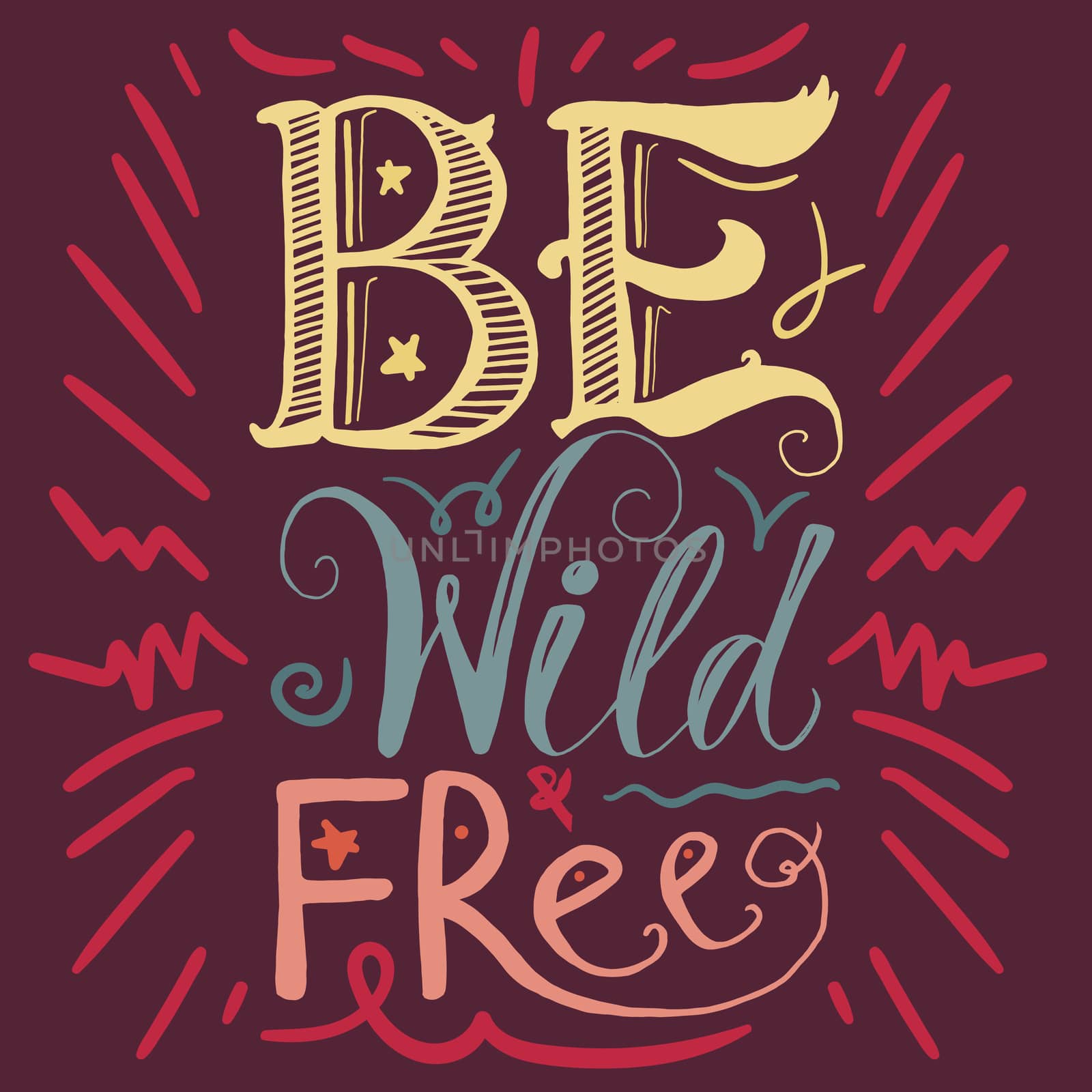 Motivation and Dream Lettering Concept. Be Wild and Free. Vintage Calligraphic Text. Inspirational retro quote for fabric, print, invitation, decor, greeting card, poster, design element. Vector