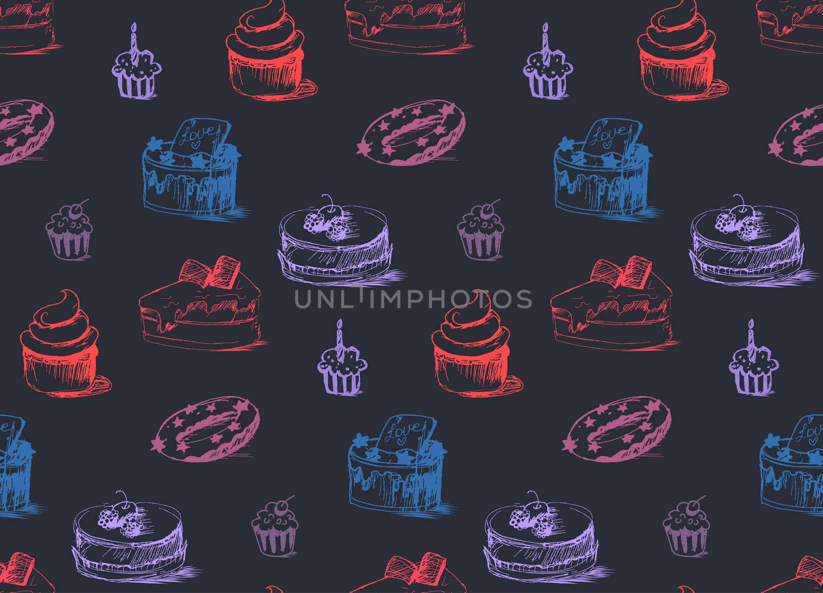 Tasty Cakes Seamless Pattern. Cream Food Background. Bakery sticker and wrap, print and fabric. Candy, sweet wallpaper. Vector