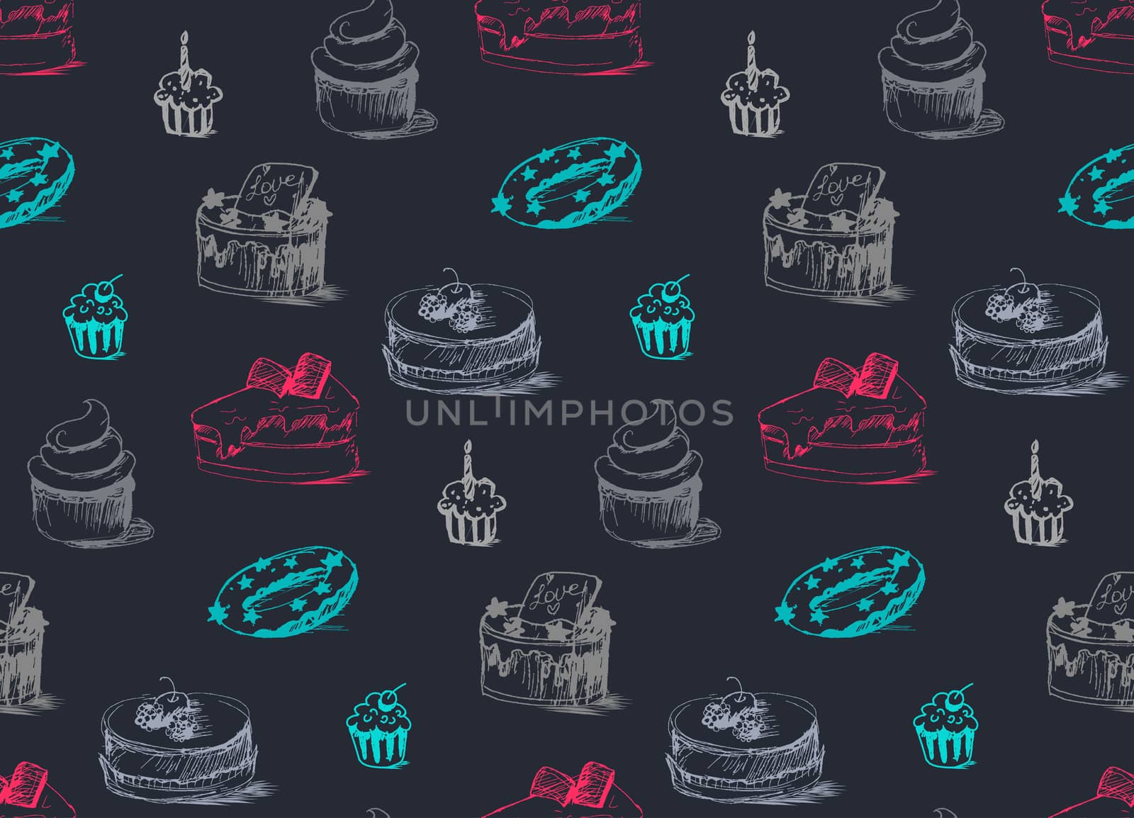 Tasty Cakes Seamless Pattern. Cream Food Background. Bakery sticker and wrap, print and fabric. Candy, sweet wallpaper. Vector