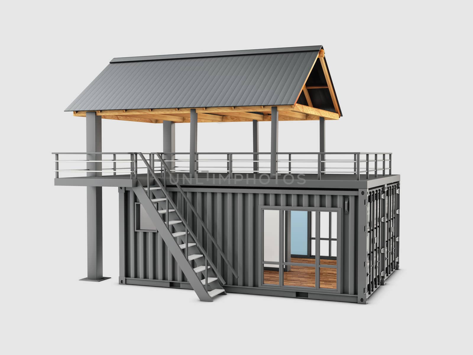 3d rendering of Converted old shipping container, isolated gray, clipping path included.