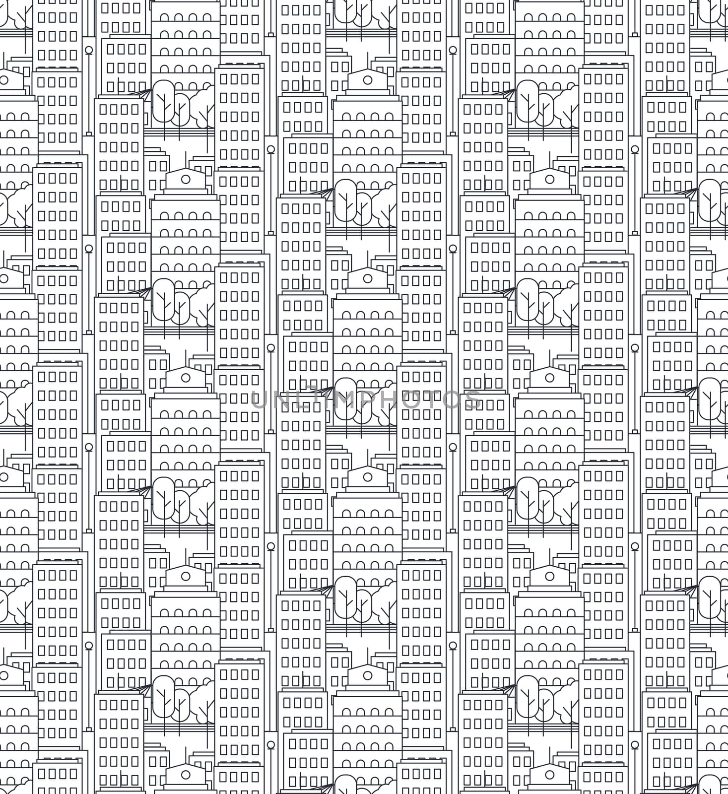 Day City Life Concept Seamless Pattern. Town street. Urban Landscape Banner with buildings, trees, shop, stores, sky and sun. Vector