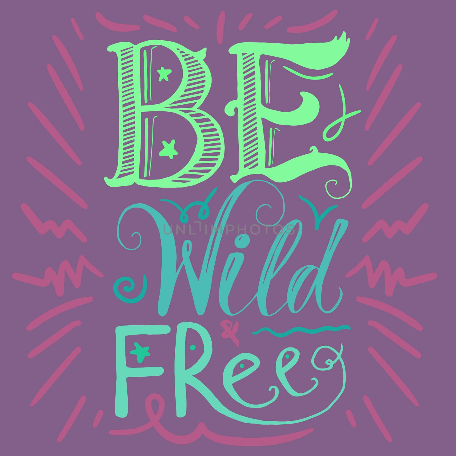 Motivation and Dream Lettering Concept. Be Wild and Free. Vintage Calligraphic Text. Inspirational retro quote for fabric, print, invitation, decor, greeting card, poster, design element. Vector