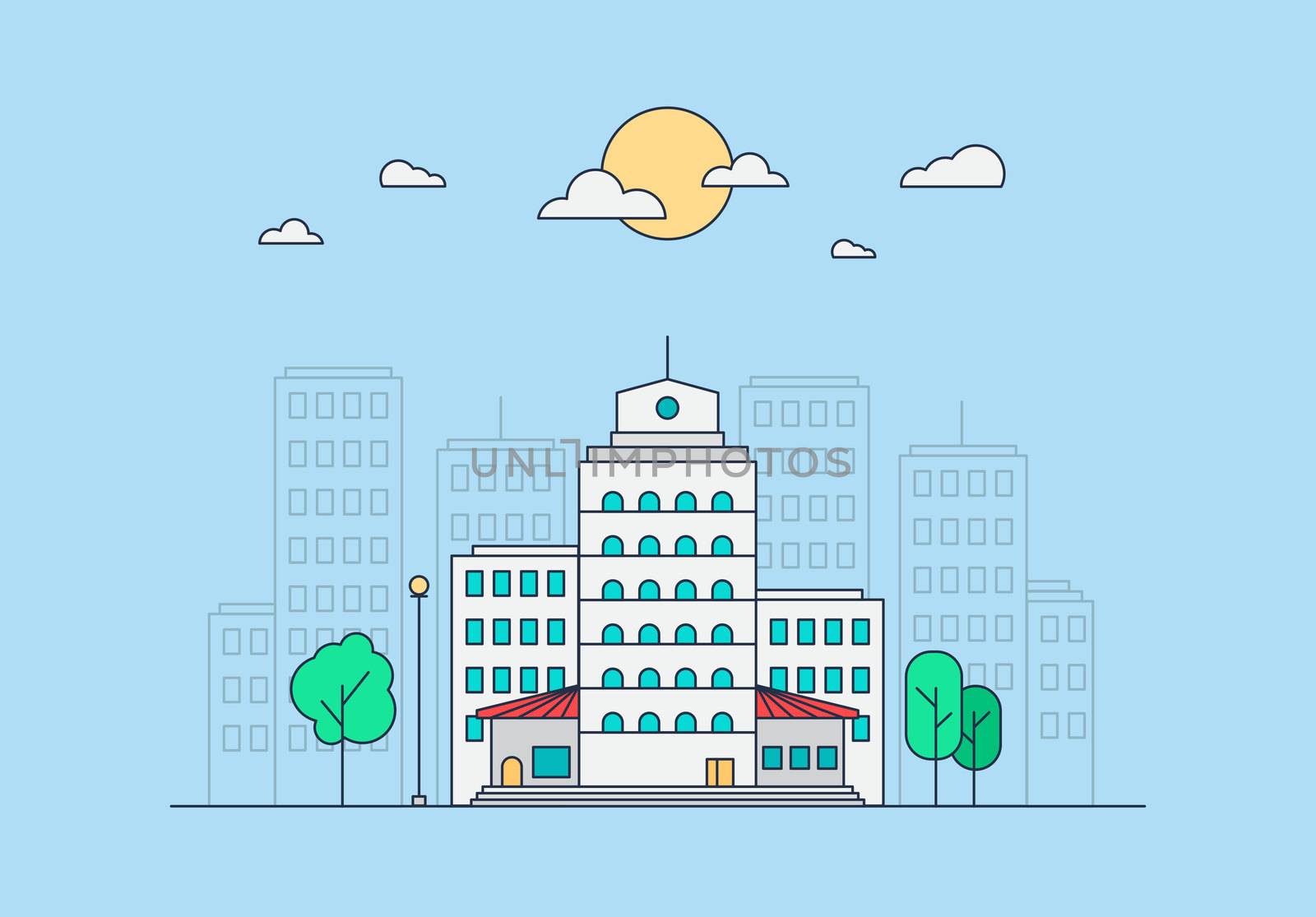 City Life Concept. Town street. Urban Landscape Banner with buildings, trees, shop, stores, sky and sun. Vector