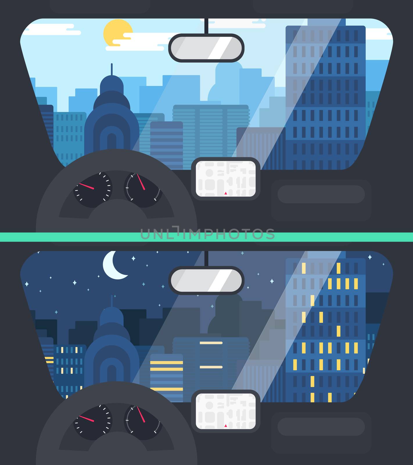 Night and Day City Life Concept. Town street from inside car interior with wheel, speedometer, gps navigator. Urban Landscape Banner with buildings, trees, shop, stores, sky and sun. Vector