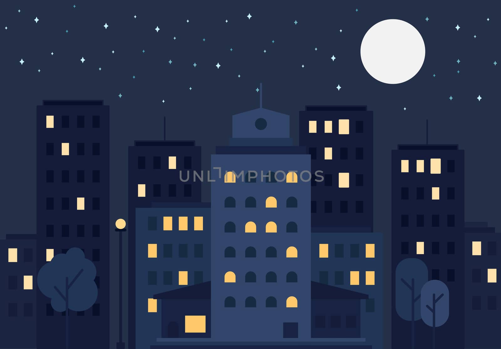 Night City Life Concept. Town street. Urban Landscape Banner with buildings, trees, shop, stores, sky and sun. Vector