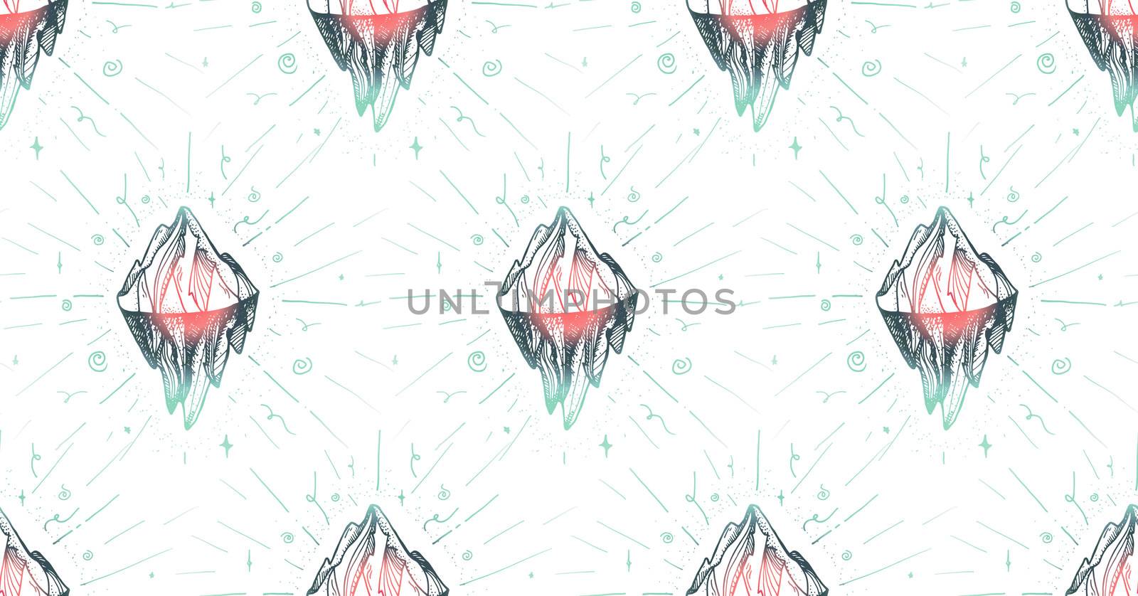 Inspirational mountain seamless pattern for print, fabric, t-shirt, greeting, card. Vintage boho hand drawn nature iceberg peak. Travel outdoors adventure. Motivational meditation ornament. Vector