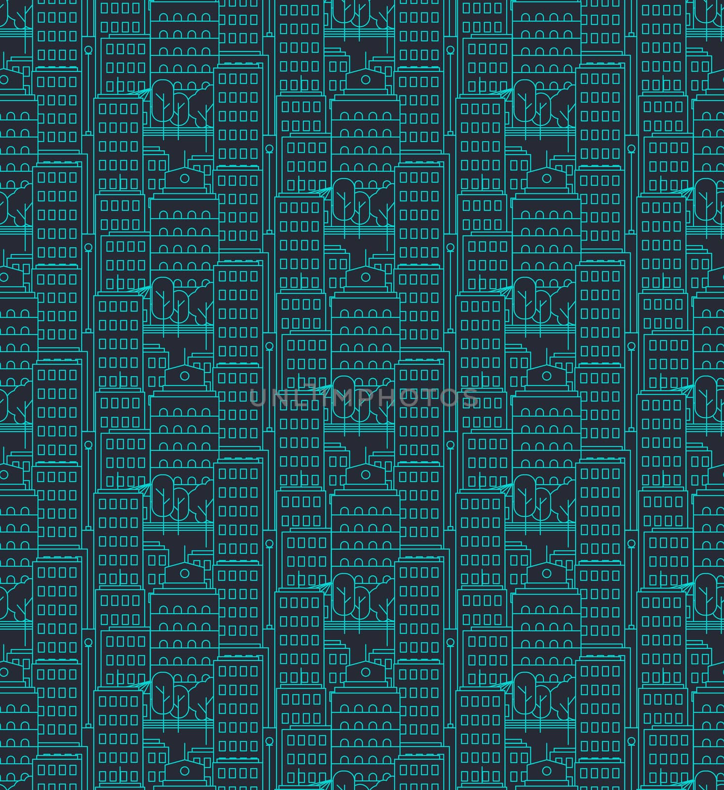 Night City Life Concept Seamless Pattern. Town street. Urban Landscape Banner with buildings, trees, shop, stores, sky and sun. Vector
