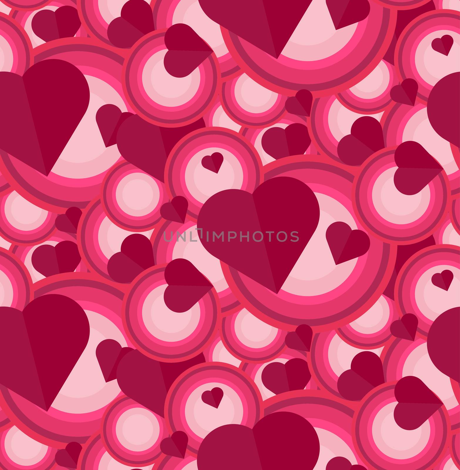 Vintage Seamless Romantic Pattern for Wrap, Print, Fabric, Textile, Greeting Card. Ornament with pink or red heart, circle for cloth, wallpaper, mosaic. Wedding, valentine retro background. Vector