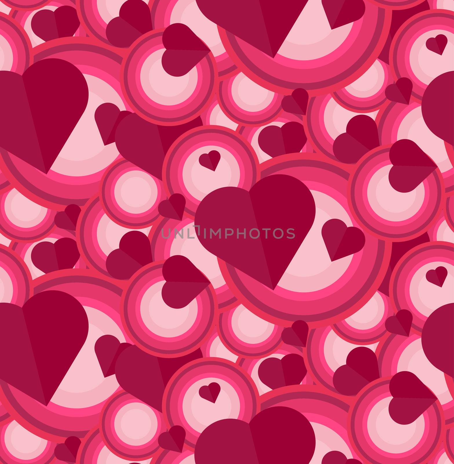 Vintage Seamless Romantic Pattern for Wrap, Print, Fabric, Textile, Greeting Card. Ornament with pink or red heart, circle for cloth, wallpaper, mosaic. Wedding, valentine retro background. Vector