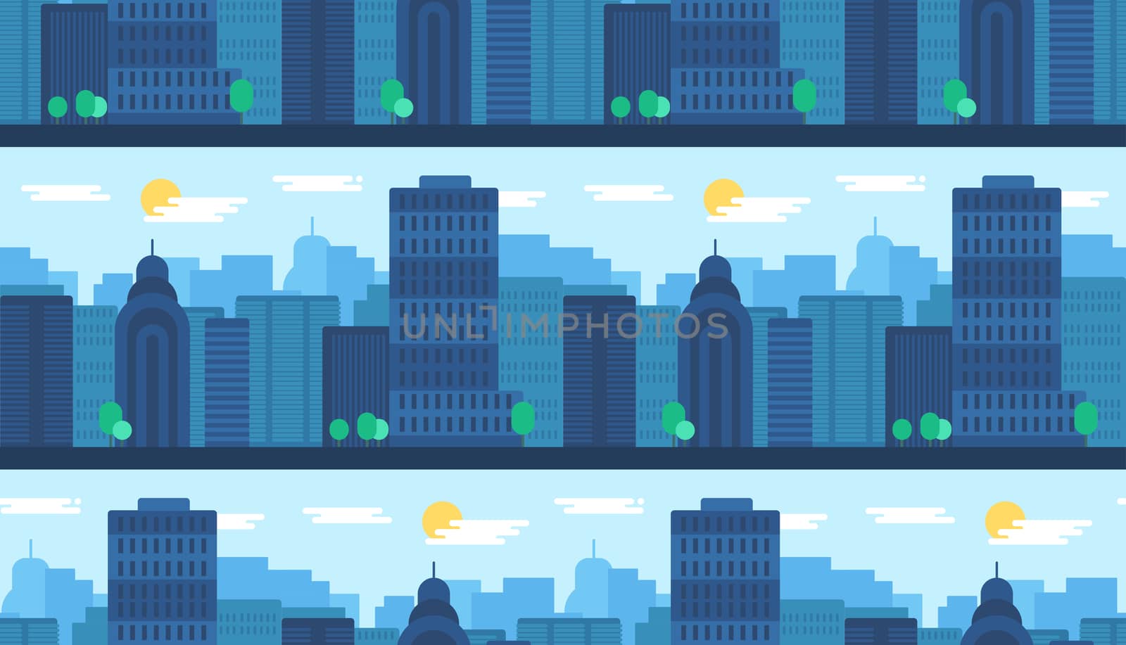 Day City Life Concept Seamless Pattern. Town street. Urban Landscape Banner with buildings, trees, shop, stores, sky and sun. Vector