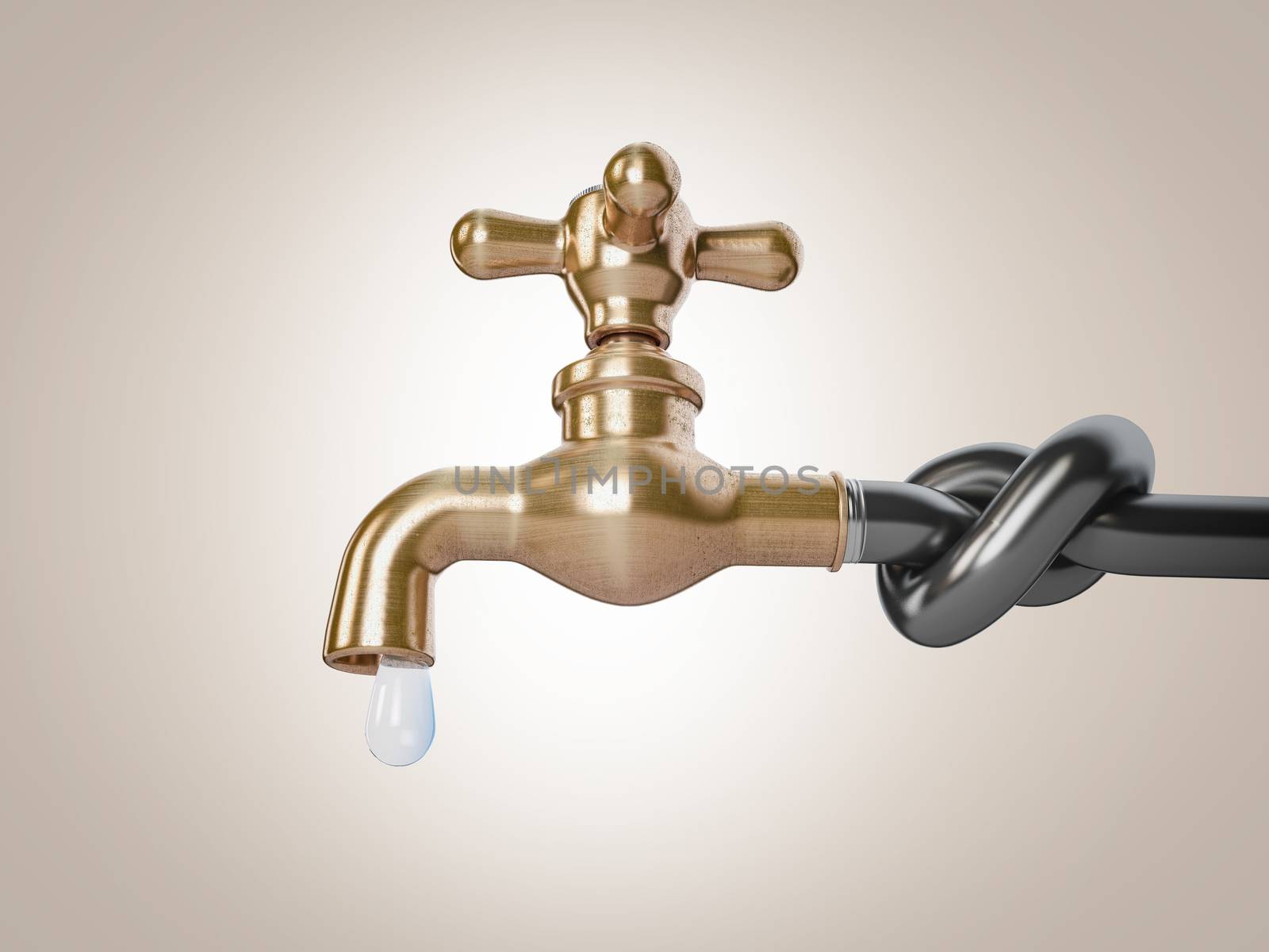 3d Rendering of Classic brass faucet sticking out from a blocked pipe, clipping path included by tussik