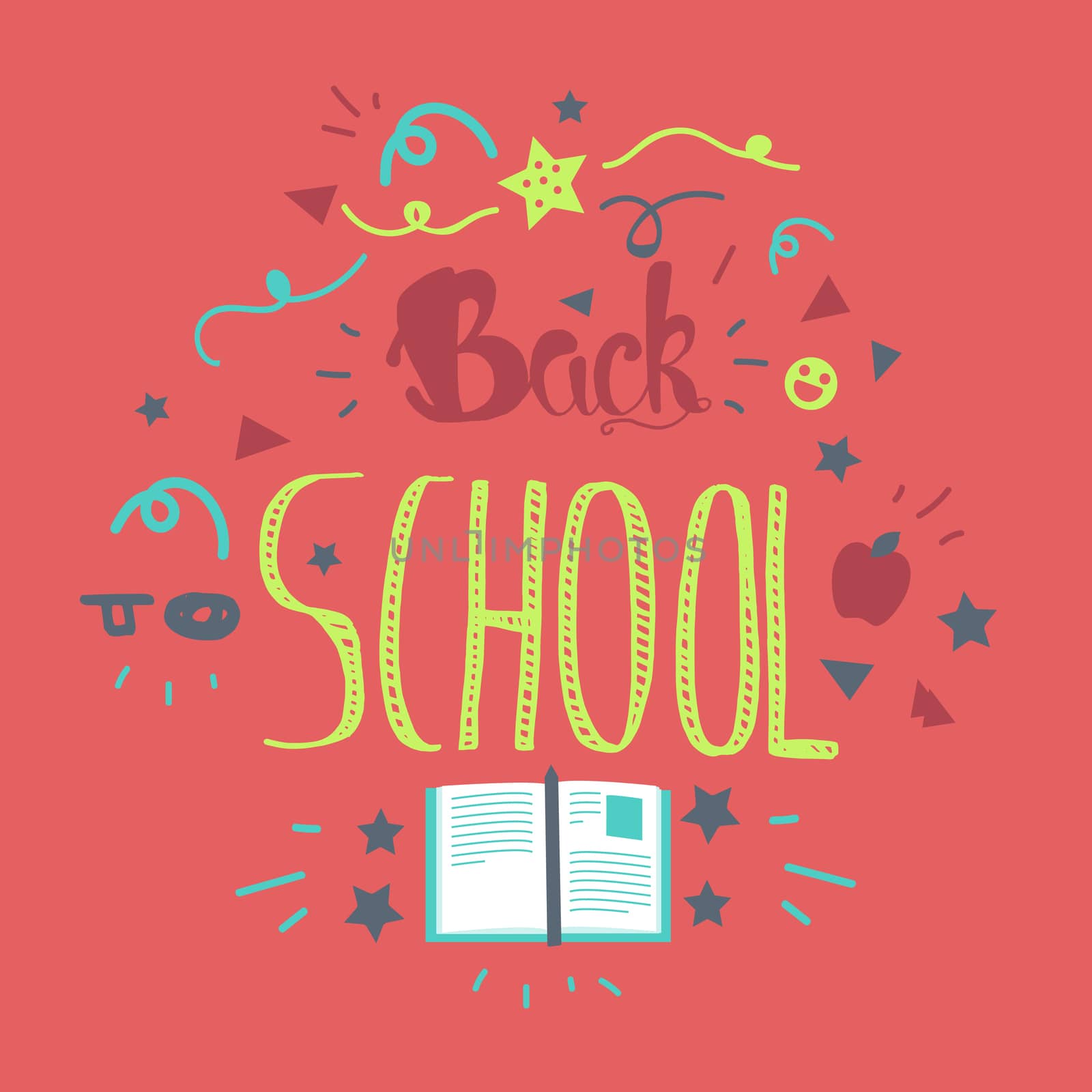 Vintage Back To School Lettering Banner. Knowledge day greeting card with book and pencil for print, t-shirt, badge, cloth, poster. Vector