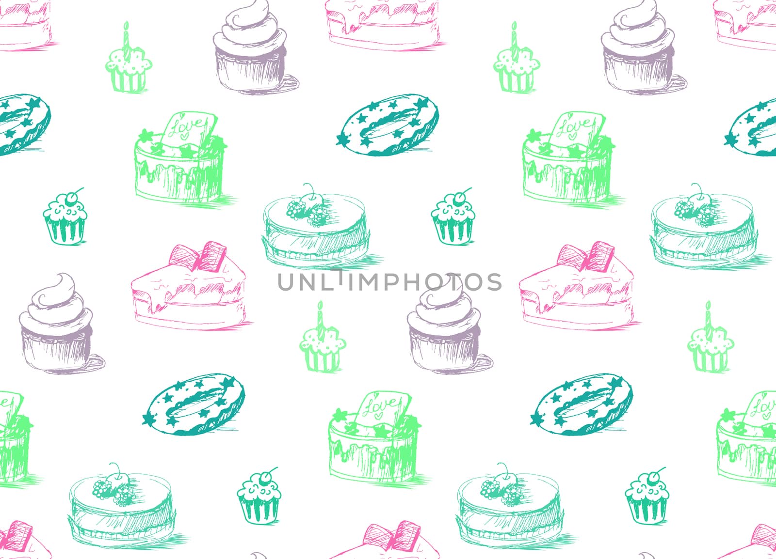 Tasty Cakes Seamless Pattern. Cream Food Background. Bakery sticker and wrap, print and fabric. Candy, sweet wallpaper. Vector
