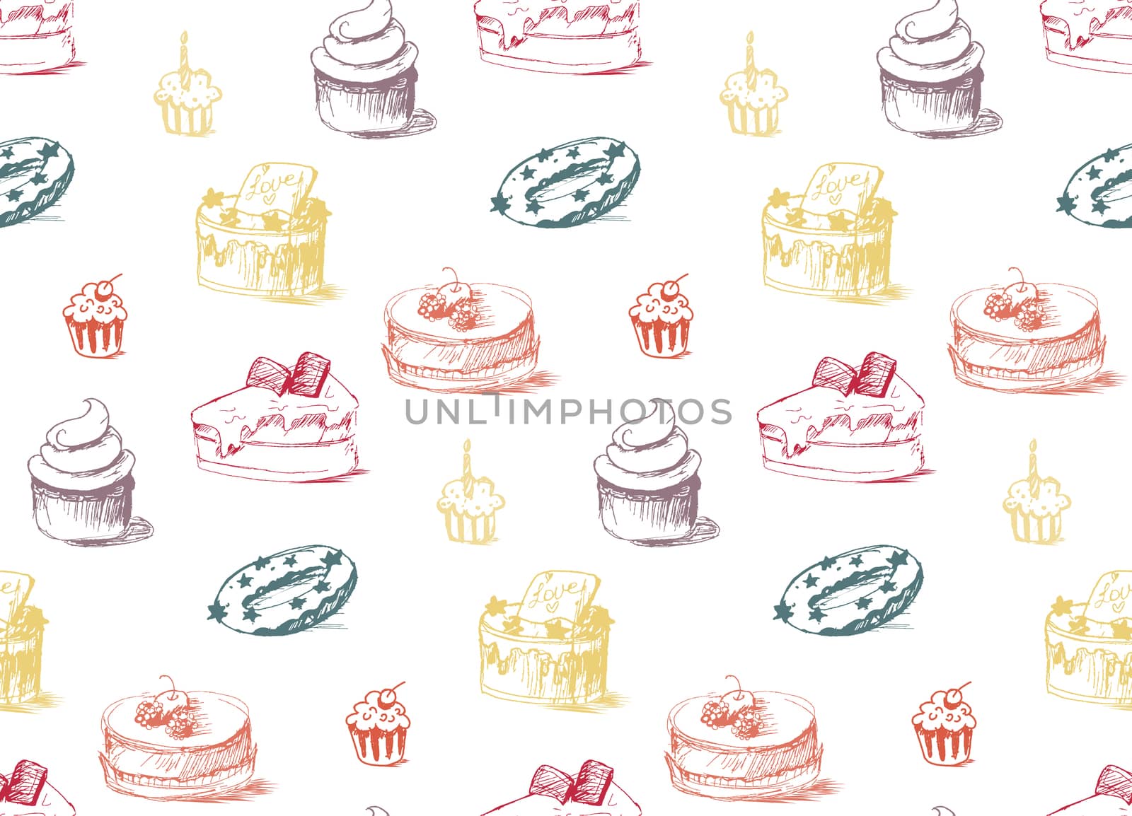 Tasty Cakes Seamless Pattern. Cream Food Background. Bakery sticker and wrap, print and fabric. Candy, sweet wallpaper. Vector
