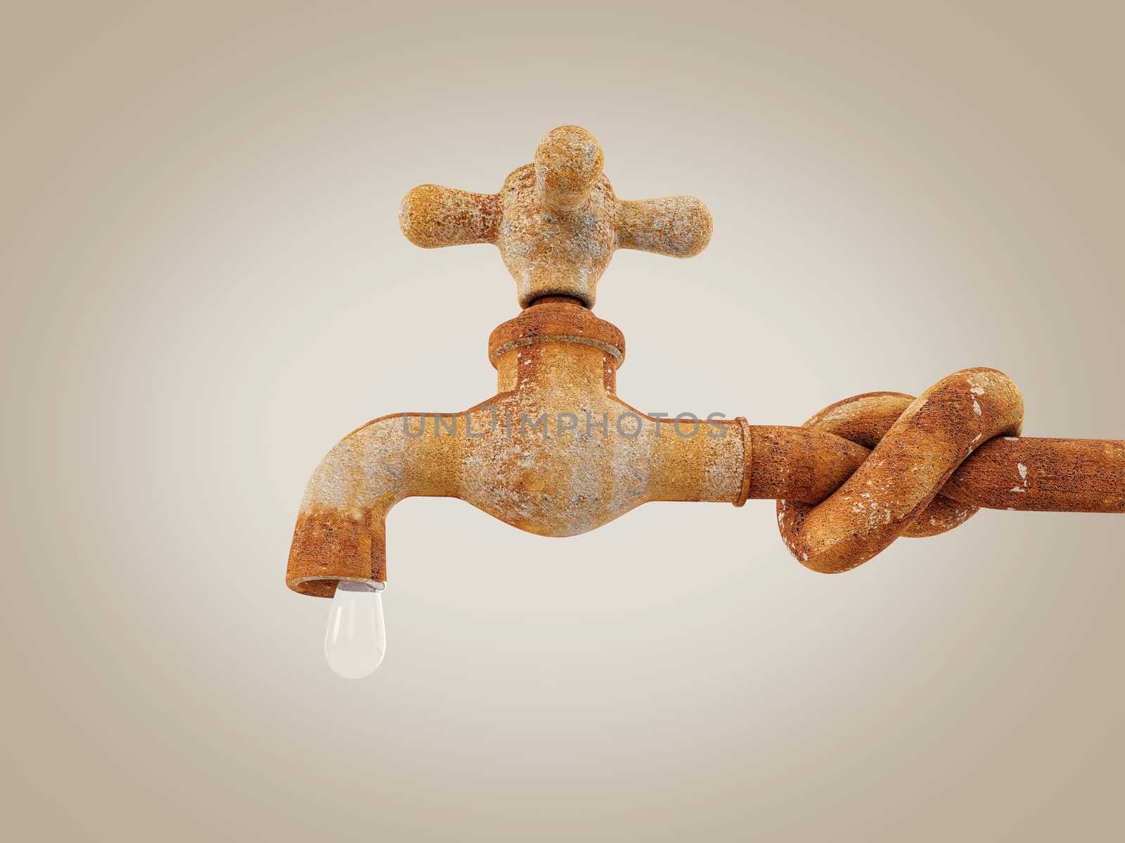 3d Rendering of old and rusty faucet with water drop, clipping path included by tussik