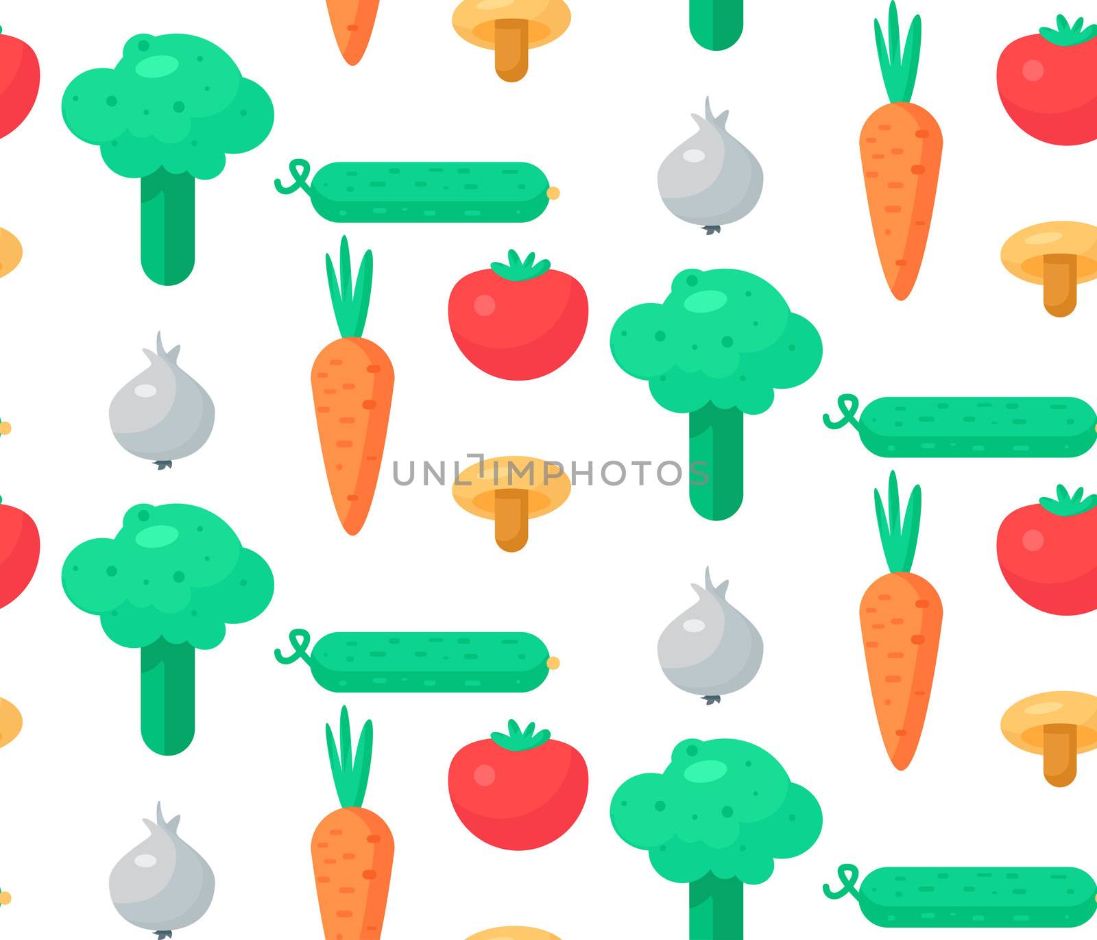 Fresh Vegetable Salad from tomato, cucumber and cabbage, carrot, mushroom and garlic. Tasty food seamless pattern for print, tablecloth and wrap, fabric, spread, card, banner. Vegan background. Vector