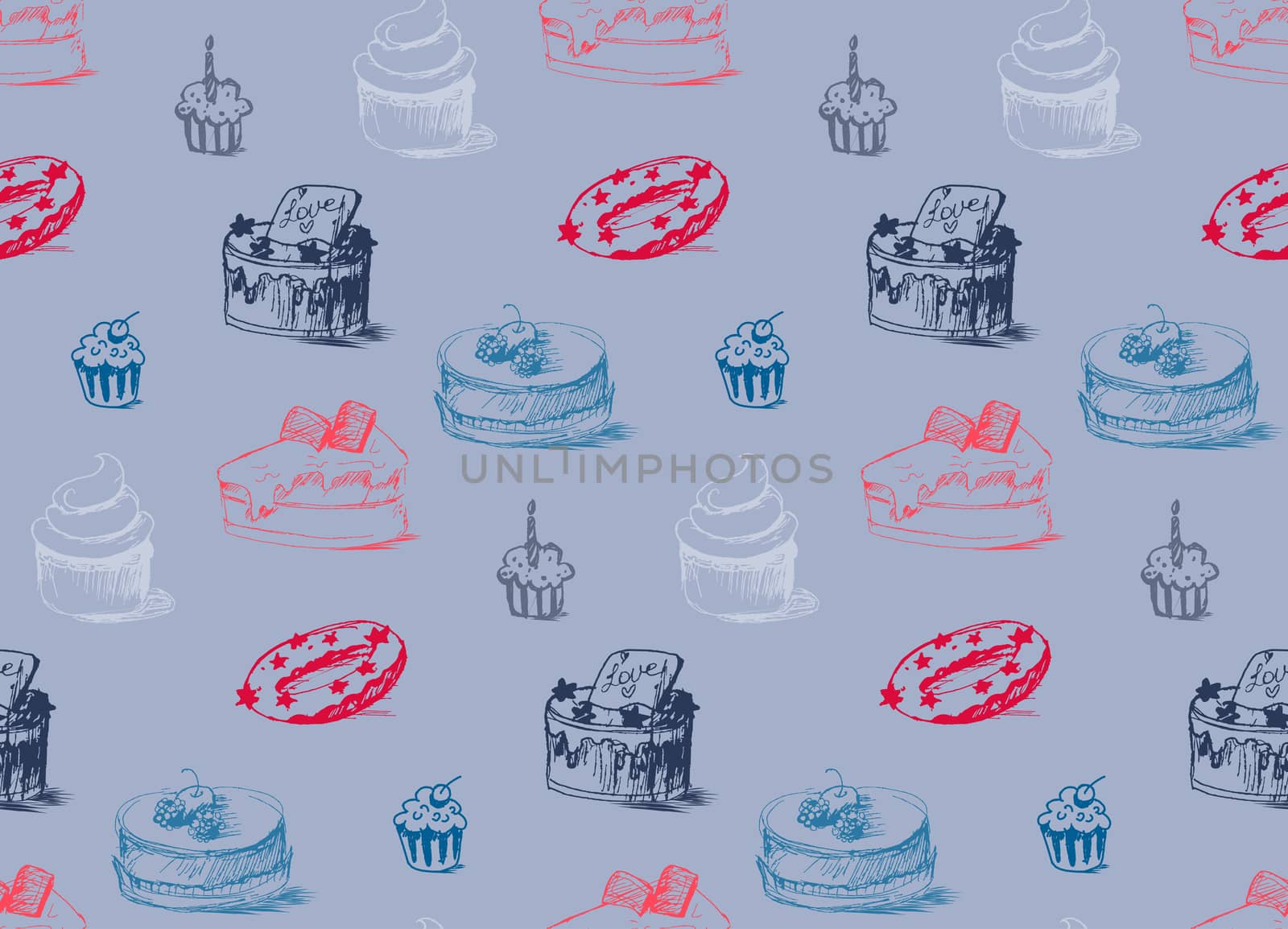 Tasty Cakes Seamless Pattern. Cream Food Background. Bakery sticker and wrap, print and fabric. Candy, sweet wallpaper. Vector