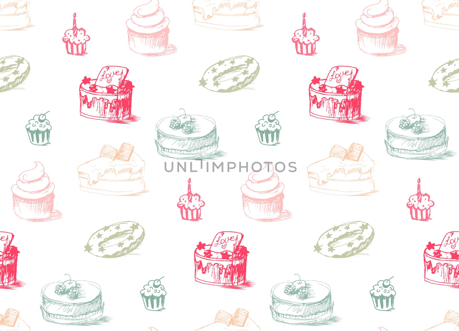 Tasty Cakes Seamless Pattern. Cream Food Background. Bakery sticker and wrap, print and fabric. Candy, sweet wallpaper. Vector
