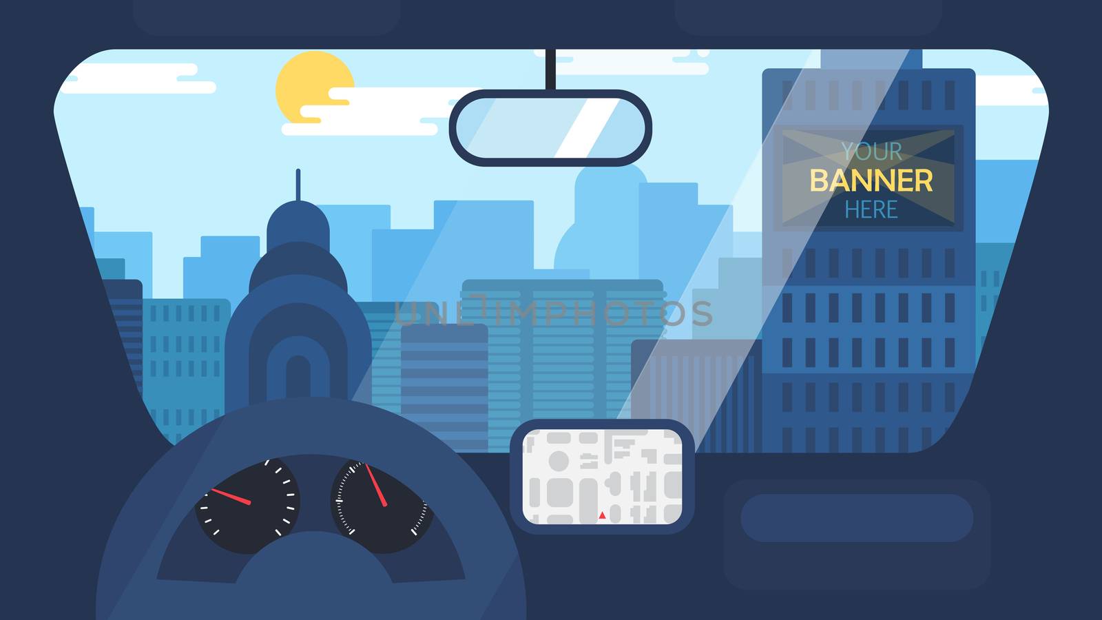 Day City Life Concept. Town street from inside car interior with wheel, speedometer, gps navigator. Urban Landscape Banner with buildings, trees, shop, stores, sky and sun. Vector