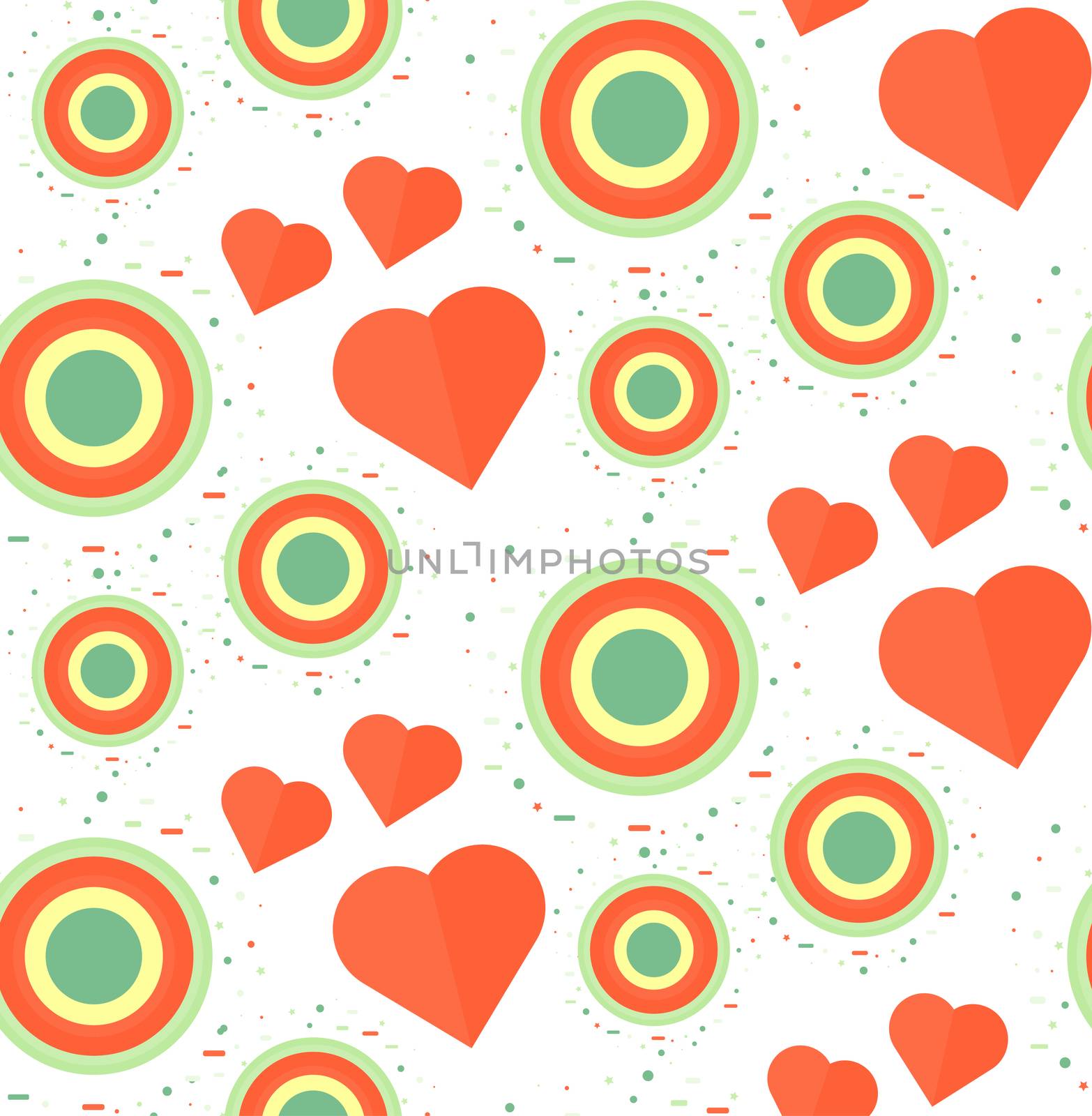 Vintage Seamless Romantic Pattern for Wrap, Print, Fabric, Textile, Greeting Card. Ornament with heart and circle for clothes and wallpaper, stickers and mosaic. Wedding retro background. Vector