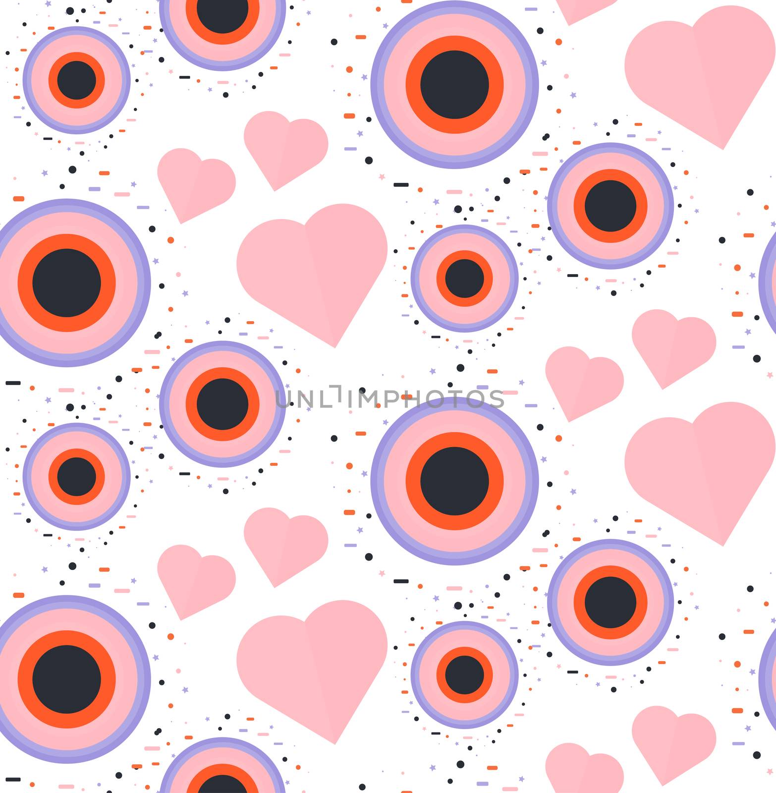 Vintage Seamless Romantic Pattern for Wrap, Print, Fabric, Textile, Greeting Card. Ornament with pink or red heart, circle for cloth, wallpaper, mosaic. Wedding, valentine retro background. Vector