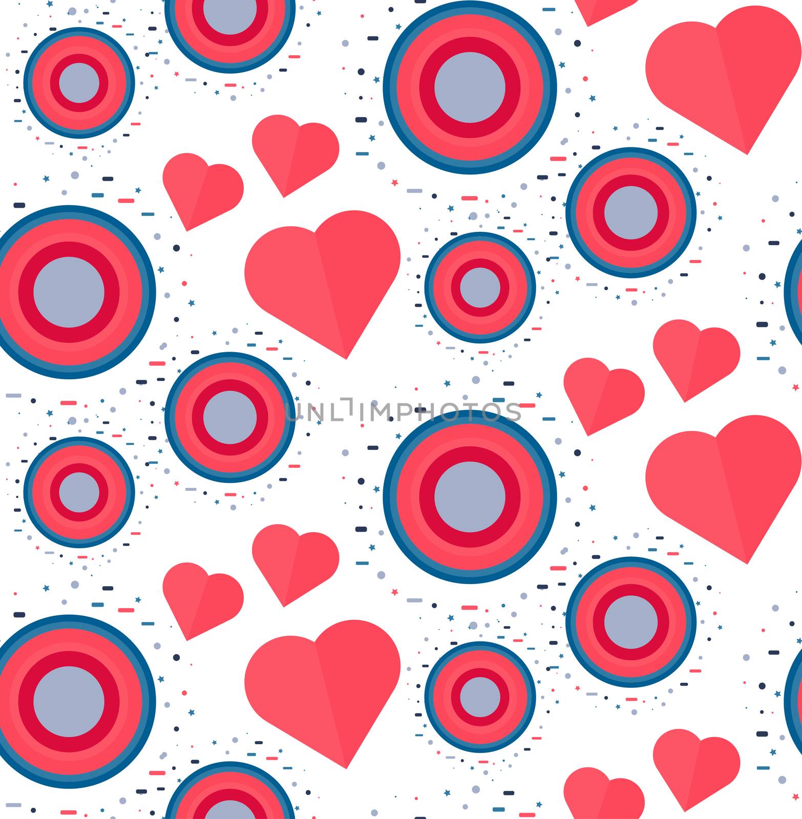 Vintage Seamless Romantic Pattern for Wrap, Print, Fabric, Textile, Greeting Card. Ornament with pink or red heart, circle for cloth, wallpaper, mosaic. Wedding, valentine retro background. Vector