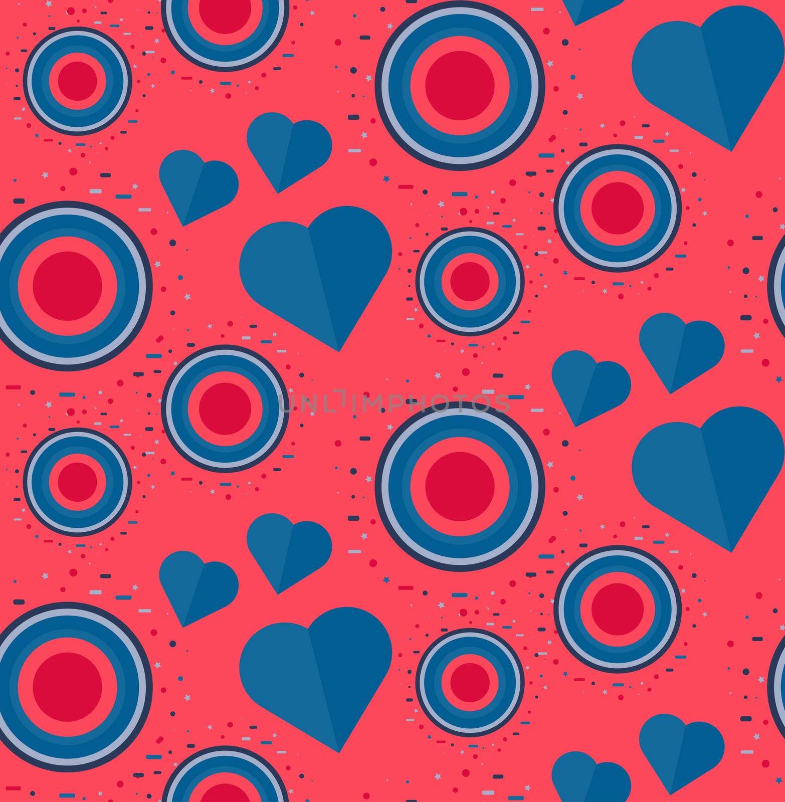 Vintage Seamless Romantic Pattern for Wrap, Print, Fabric, Textile, Greeting Card. Ornament with heart and circle for clothes and wallpaper, stickers and mosaic. Wedding retro background. Vector