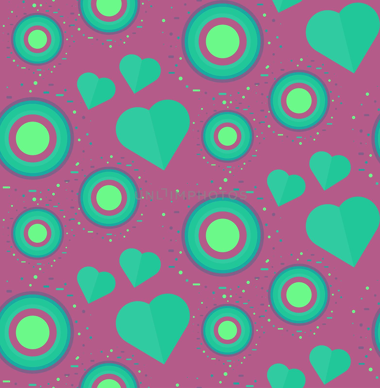 Vintage Seamless Romantic Pattern for Wrap, Print, Fabric, Textile, Greeting Card. Ornament with heart and circle for clothes and wallpaper, stickers and mosaic. Wedding retro background. Vector