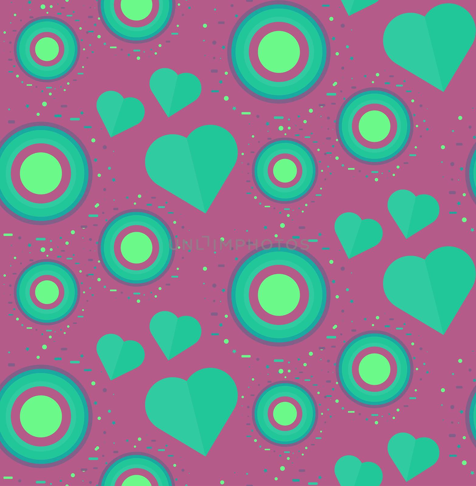 Vintage Seamless Romantic Pattern for Wrap, Print, Fabric, Textile, Greeting Card. Ornament with heart and circle for clothes and wallpaper, stickers and mosaic. Wedding retro background. Vector