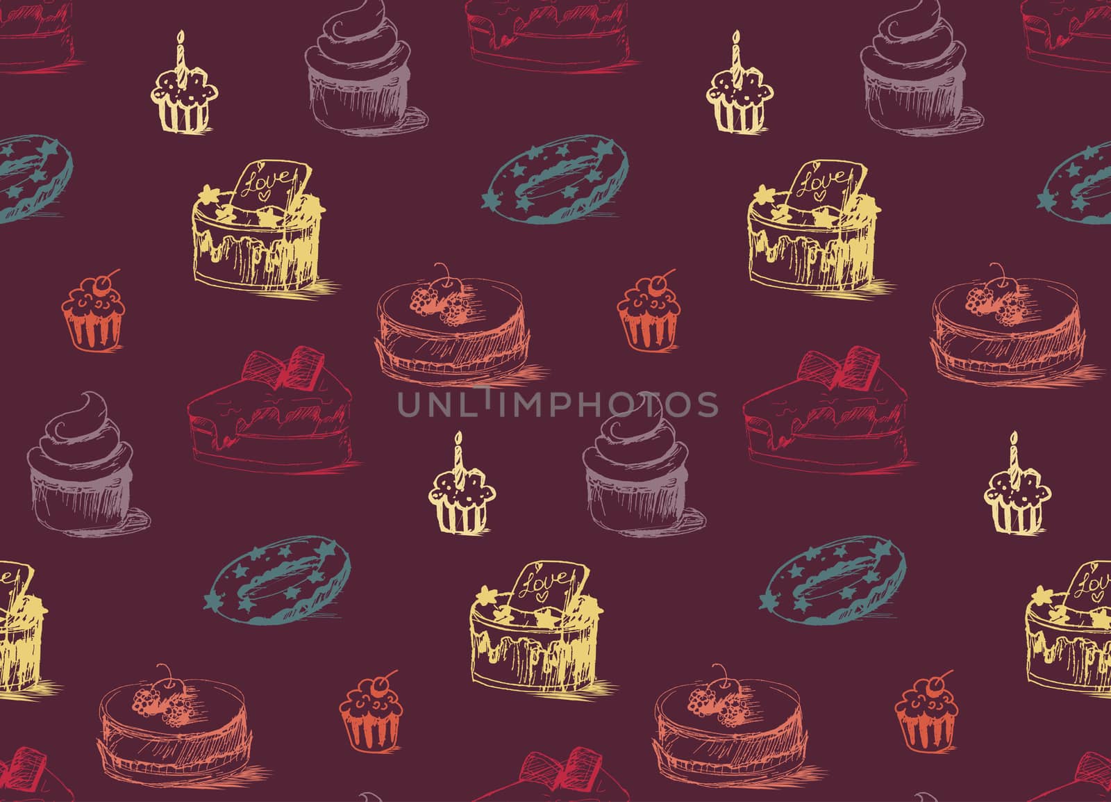 Tasty Cakes Seamless Pattern. Cream Food Background. Bakery sticker and wrap, print and fabric. Candy, sweet wallpaper. Vector