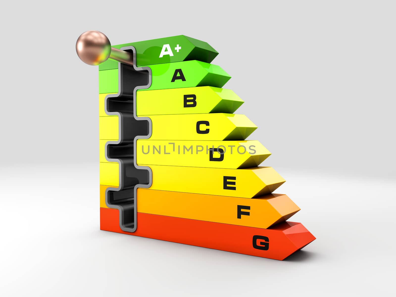3d Rendering of Energy labels with power switch on gray background. by tussik