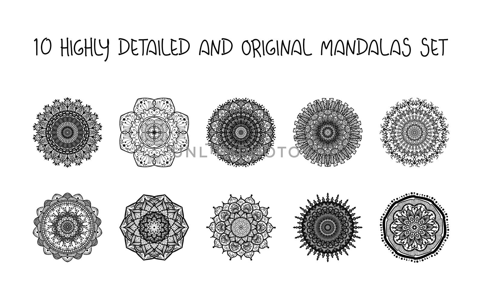 Hand drawn Gold Mandalas Set. Arabic, indian, turkish and ottoman culture decoration style. Ethnic ornamental background. Magic vintage template of greeting, print, cloth, tattoo. Vector