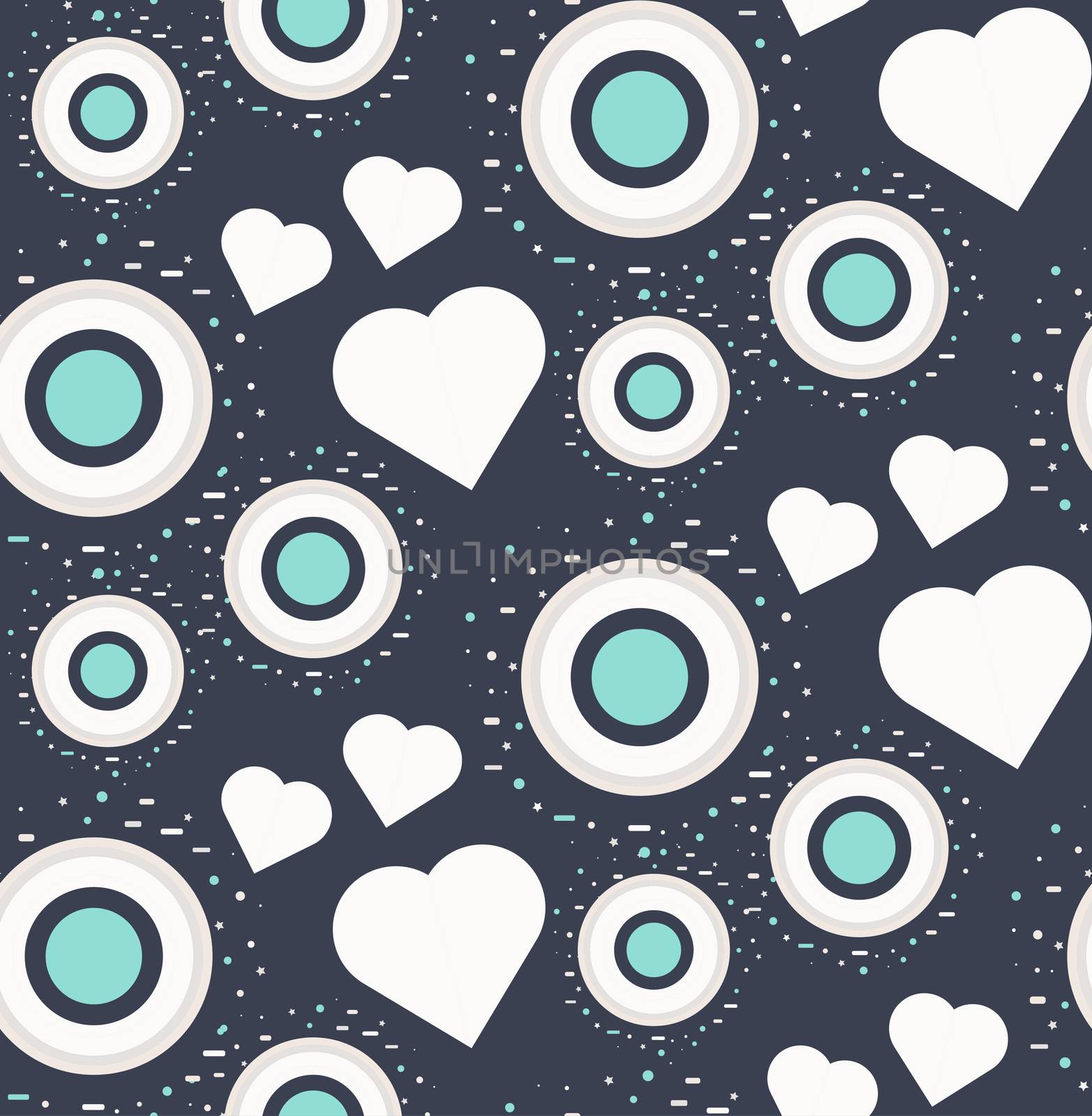 Vintage Seamless Romantic Pattern for Wrap, Print, Fabric, Textile, Greeting Card. Ornament with heart and circle for clothes and wallpaper, stickers and mosaic. Wedding retro background. Vector