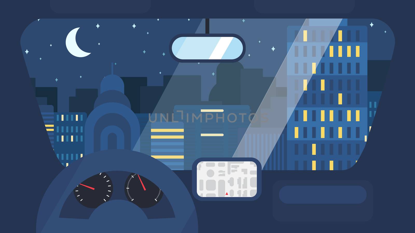 Night City Life Concept. Town street from inside car interior with wheel, speedometer, gps navigator. Urban Landscape Banner with buildings, trees, shop, stores, sky and sun. Vector
