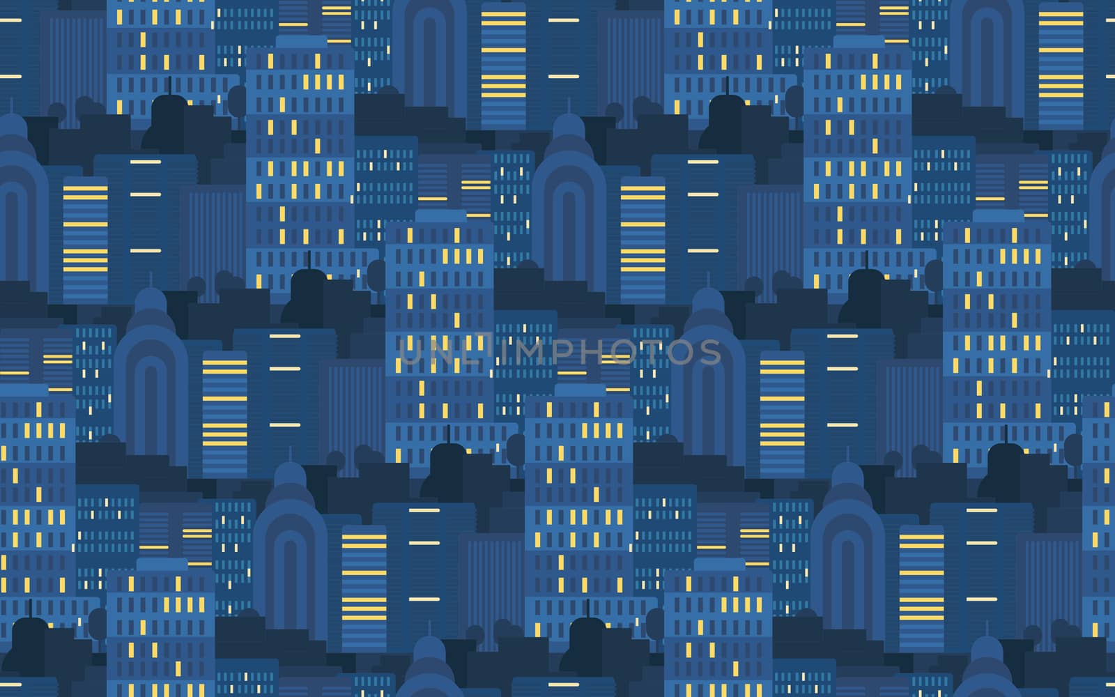 Night City Life Concept Seamless Pattern. Town street. Urban Landscape Banner with buildings, trees, shop, stores, sky and sun. Vector
