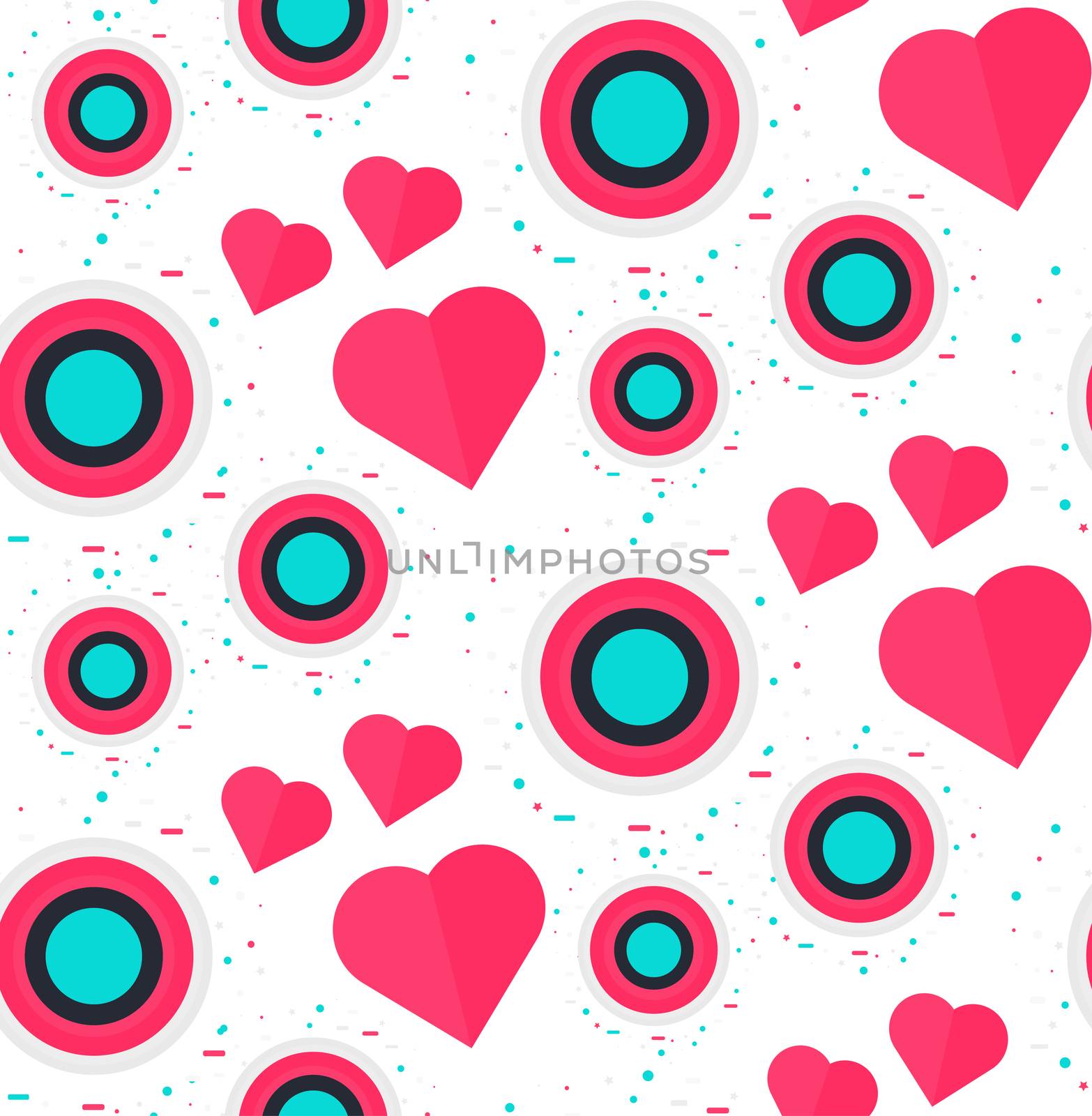 Vintage Seamless Romantic Pattern for Wrap, Print, Fabric, Textile, Greeting Card. Ornament with pink or red heart, circle for cloth, wallpaper, mosaic. Wedding, valentine retro background. Vector