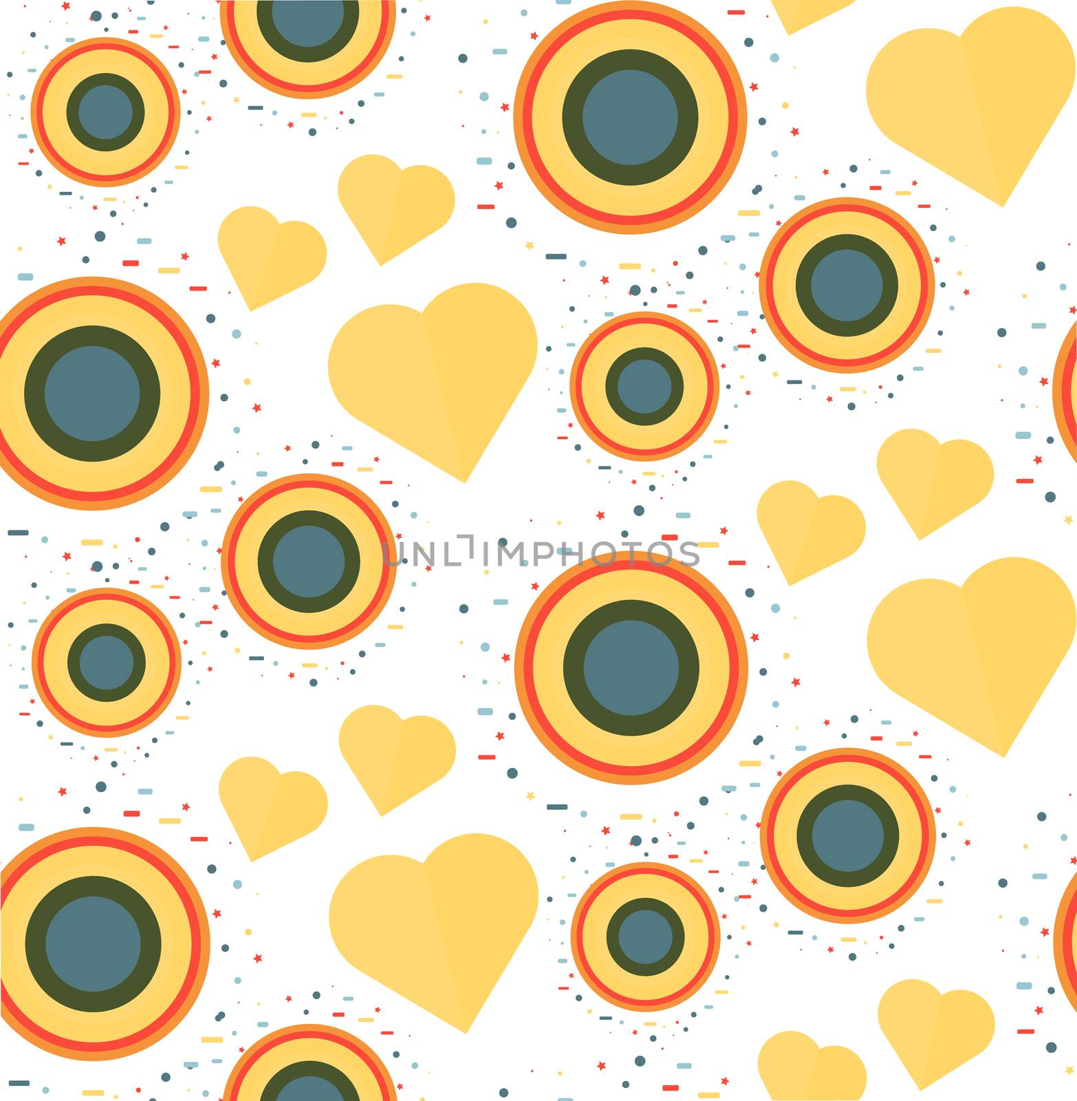 Vintage Seamless Romantic Pattern for Wrap, Print, Fabric, Textile, Greeting Card. Ornament with heart and circle for clothes and wallpaper, stickers and mosaic. Wedding retro background. Vector